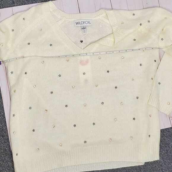 NEW WILDFOX ivory sweater cream star & heart v-neck oversized sample S - Picture 7 of 8